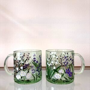 2pc Hand Painted Green Thick Glass Mugs Purple Floral Spring Garden